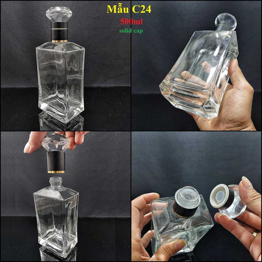 Bình Đựng Rượu Thủy Tinh 500ML (combo 3 cái) hình hộp nắp đặc giác kim cương – Chai Đựng Rượu 500ML – Vỏ Chai Rượu Đẹp siêu trong (C24)