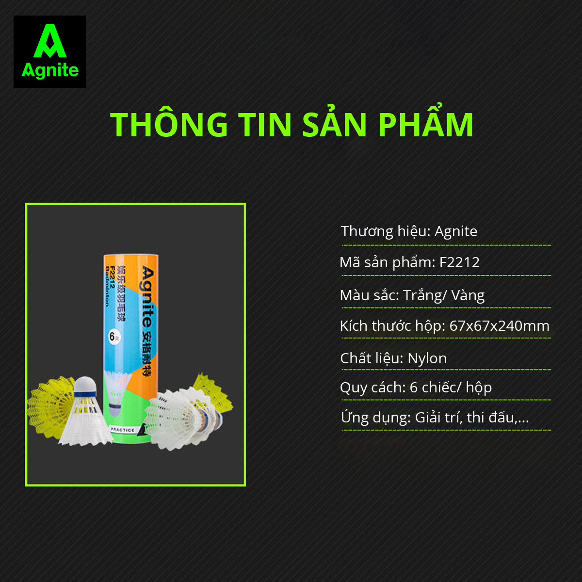 [Hộp 6 quả] Cầu lông nhựa chính hãng Agnite - siêu bền - phù hợp tập luyện, chơi thể thao - F2212