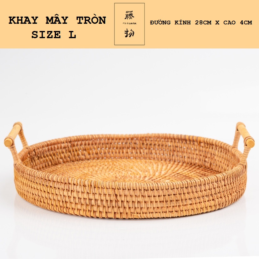 Khay mây tròn để trái cây, ly cốc có quai cầm 2 bên