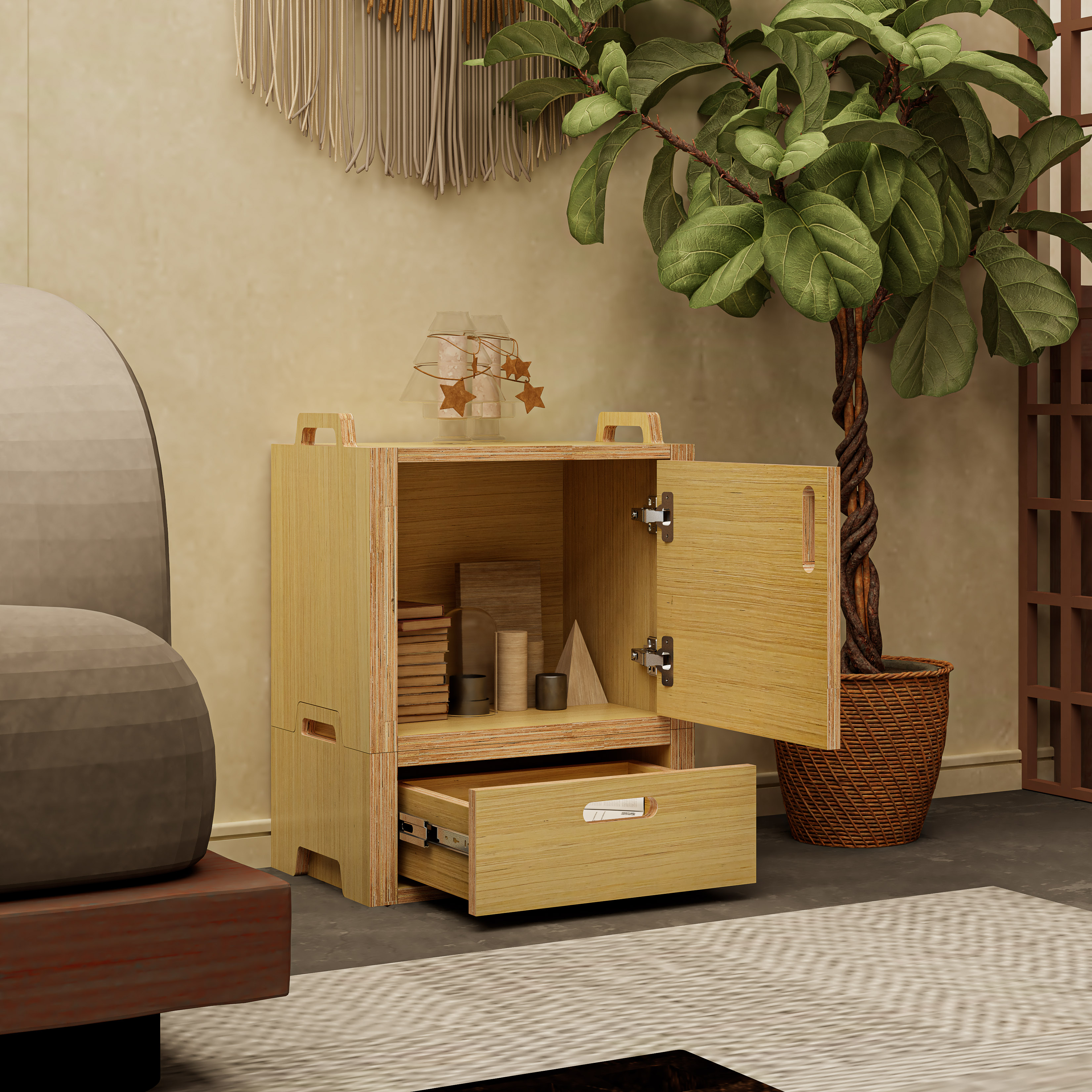 HAPPY FURNITURE , Gỗ tự nhiên , Tủ lưu trữ 1 ngăn kéo 1 cửa mở gỗ Plywood - GAMOR , TLT_024 , 45cm x 30cm x 58cm DxRxC