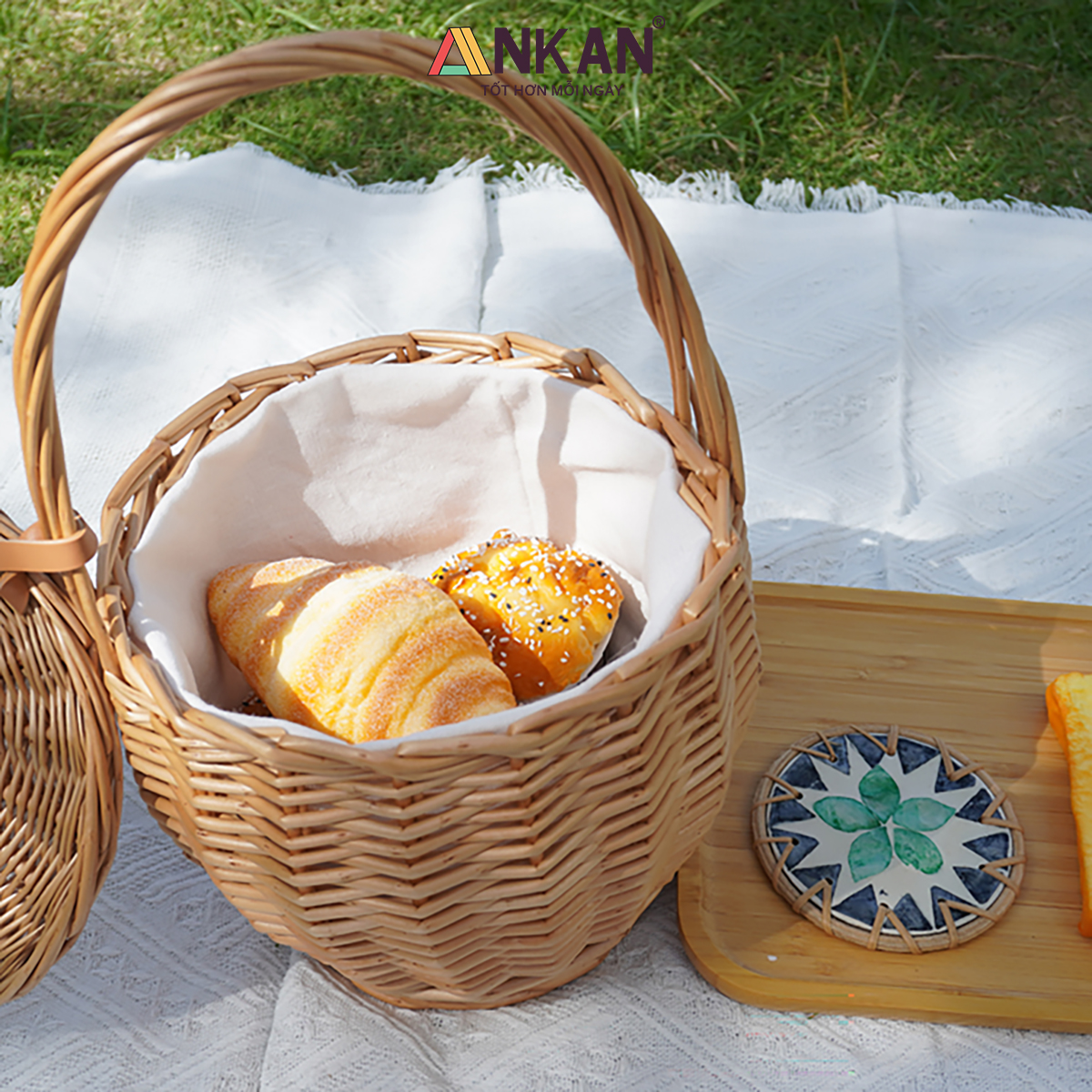 Giỏ Mây Picnic Có Nắp Quai Xách Vintage - Giỏ Mây Tre Đan Thủ Công Cao Cấp Đựng Đồ Ăn, Decor Chụp Ảnh Dã Ngoại