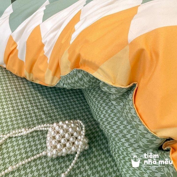Bộ Chăn Ga Gối Cotton 3D m6/m8/2m - Full size Tiệm Nhà Mêu 2 Vỏ gối ,drap , vỏ chăn Cotton Kẻ Xanh Trắng Nhập Khẩu