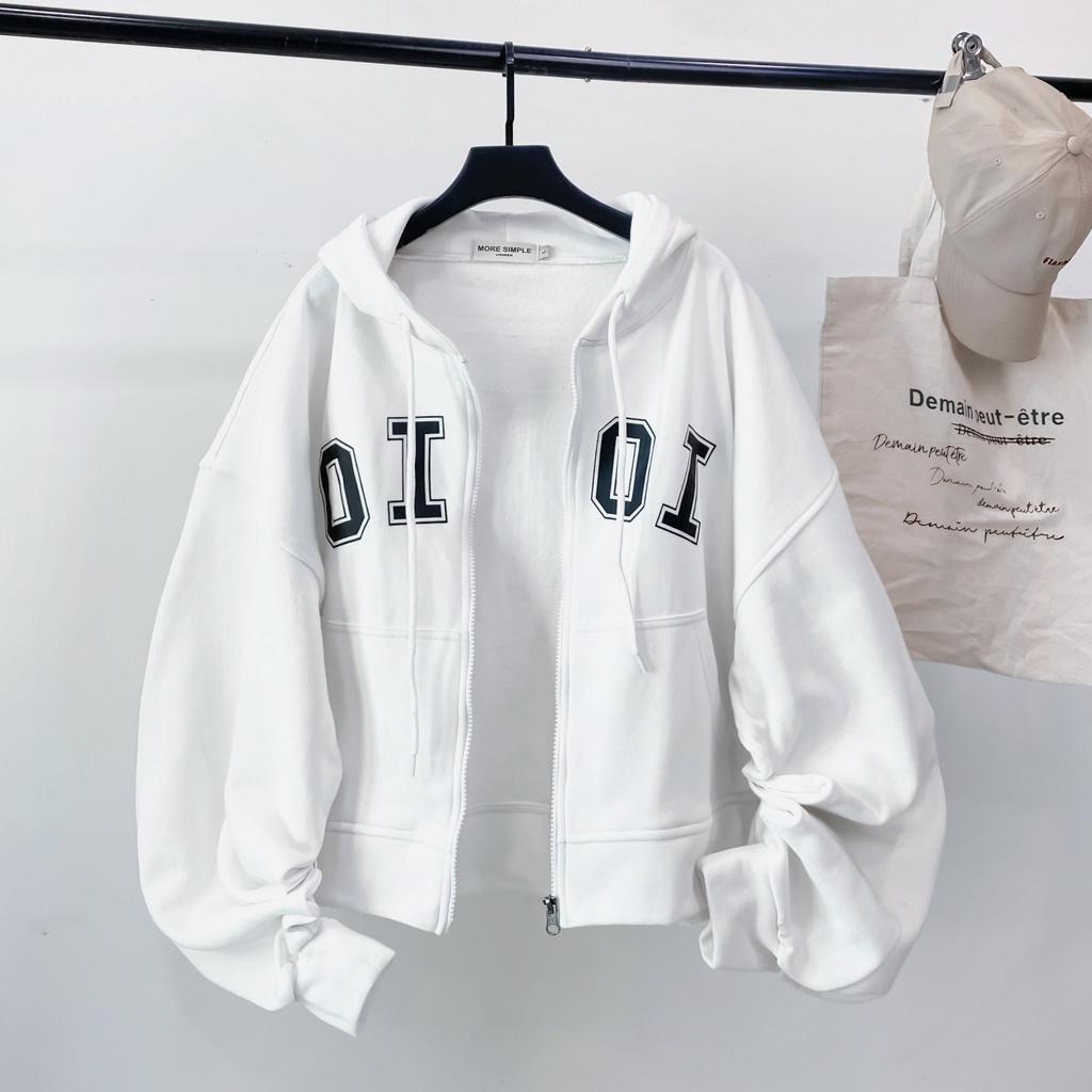 Áo Khoác Hoodie Croptop OI OI Tay Bồng Form Rộng Vải Nỉ Lót Bông Ulzzang