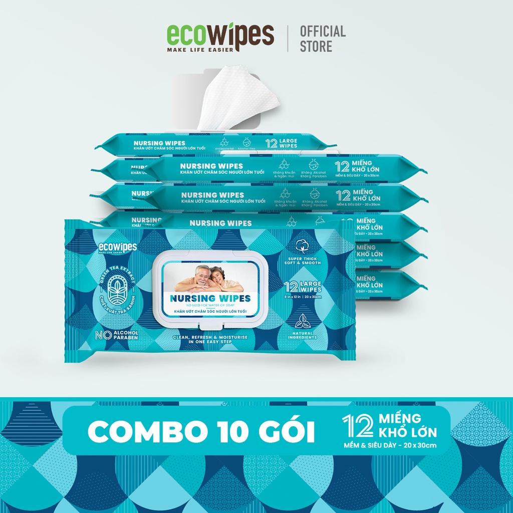 Combo 10 gói khăn giấy ướt vệ sinh NursingWipes gói 12 khăn size lớn 30x20cm hương trà xanh lau người lớn, người bệnh