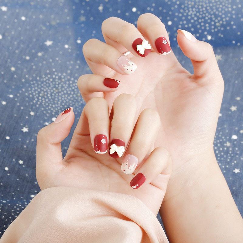 Móng tay giả vuông sơn mờ móng vuông gắn nơ MAYBI, Móng tay giả kèm keo nailbox chanh sả Mẫu T33