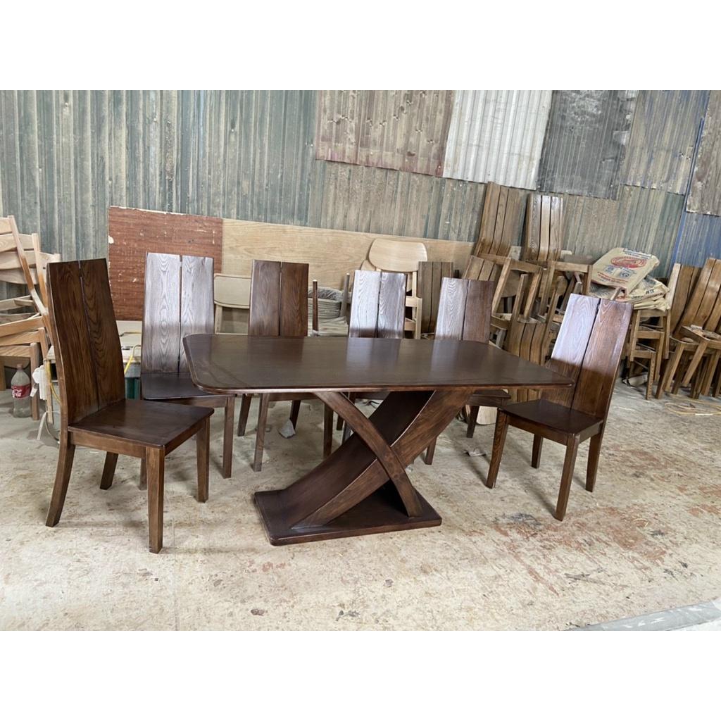 Bàn ghế ăn gỗ sồi cao cấp (bàn 160cm chân chữ X chữ U+6 ghế tựa lưng cao)