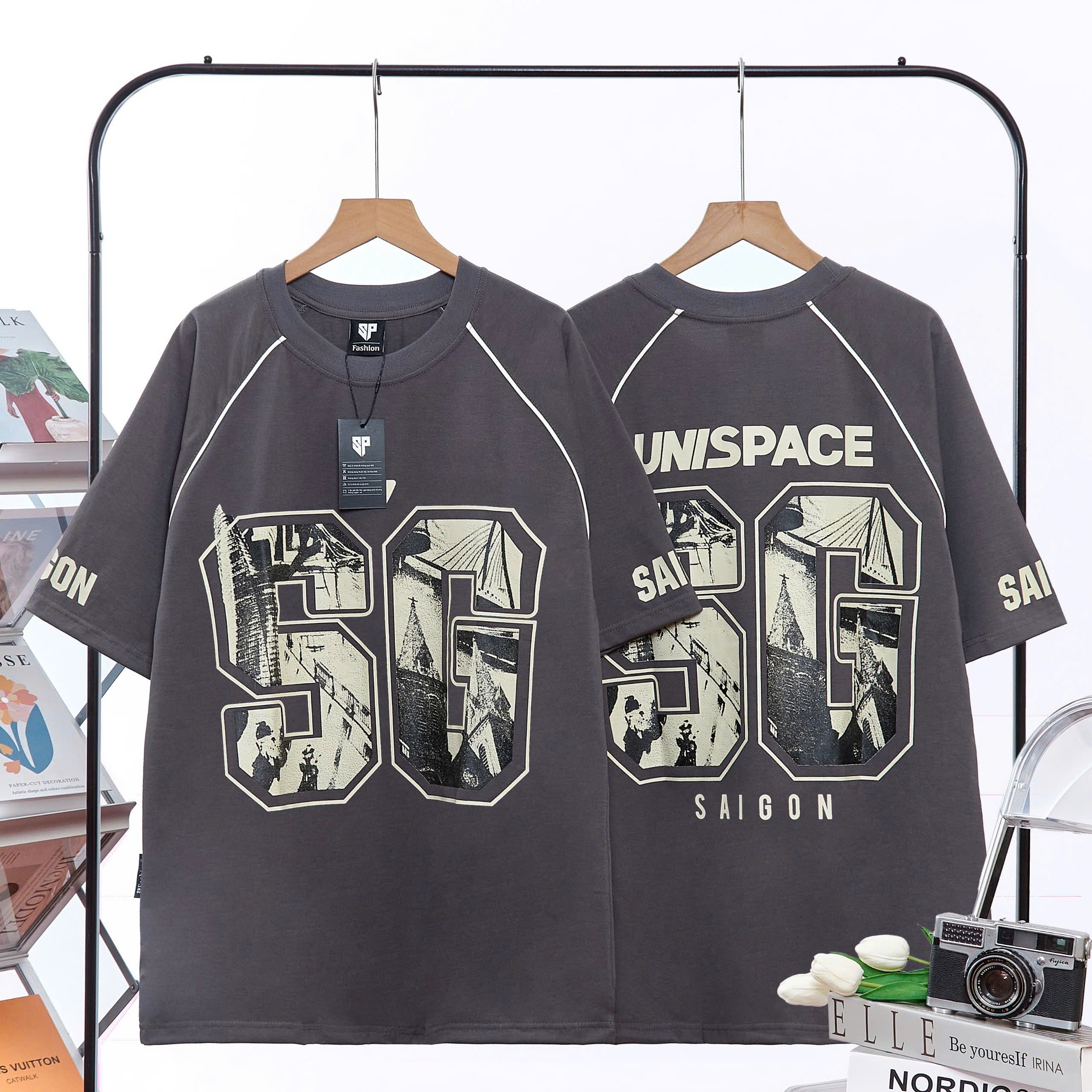 Áo phông nam nữ form rộng 2N Unisex thun cotton in SG màu be/đen/xám/đỏ/đỏ mận