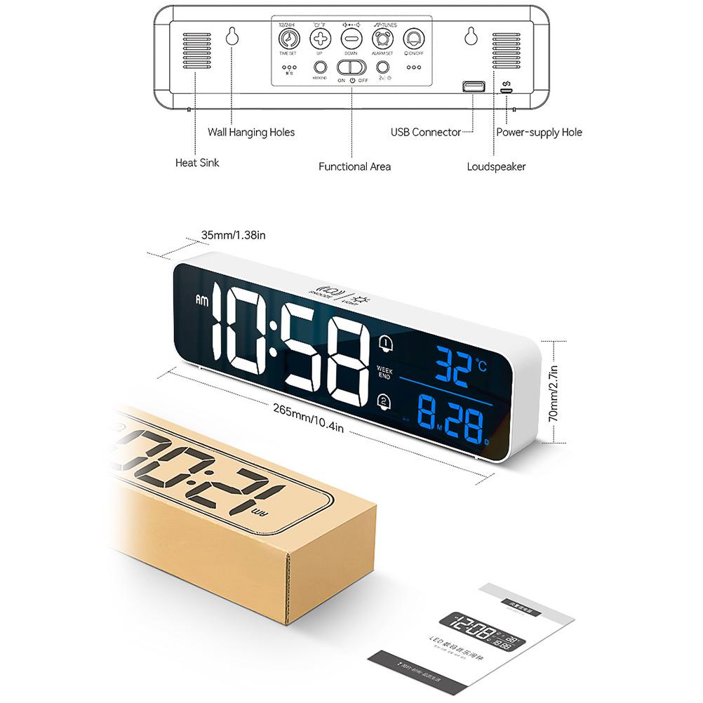 Đồng hồ báo thức kỹ thuật số LED Đồng hồ báo thức nhiệt độ có thể sạc lại Ngày hiển thị Máy tính để bàn Đồng hồ gương đồng hồ Trang chủ Đầu giường Trang trí nội thất Đồng hồ điện tử