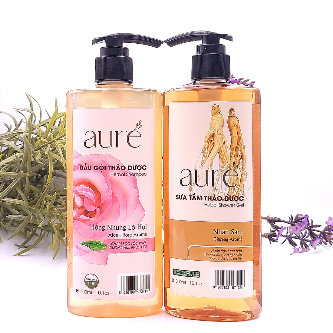 [COMBO Siêu Khuyến mại] AURÉ, Sữa tắm thảo dược, Nhân sâm + Dầu gội thảo dược, Hồng nhung Lô hội, Chai 300ml