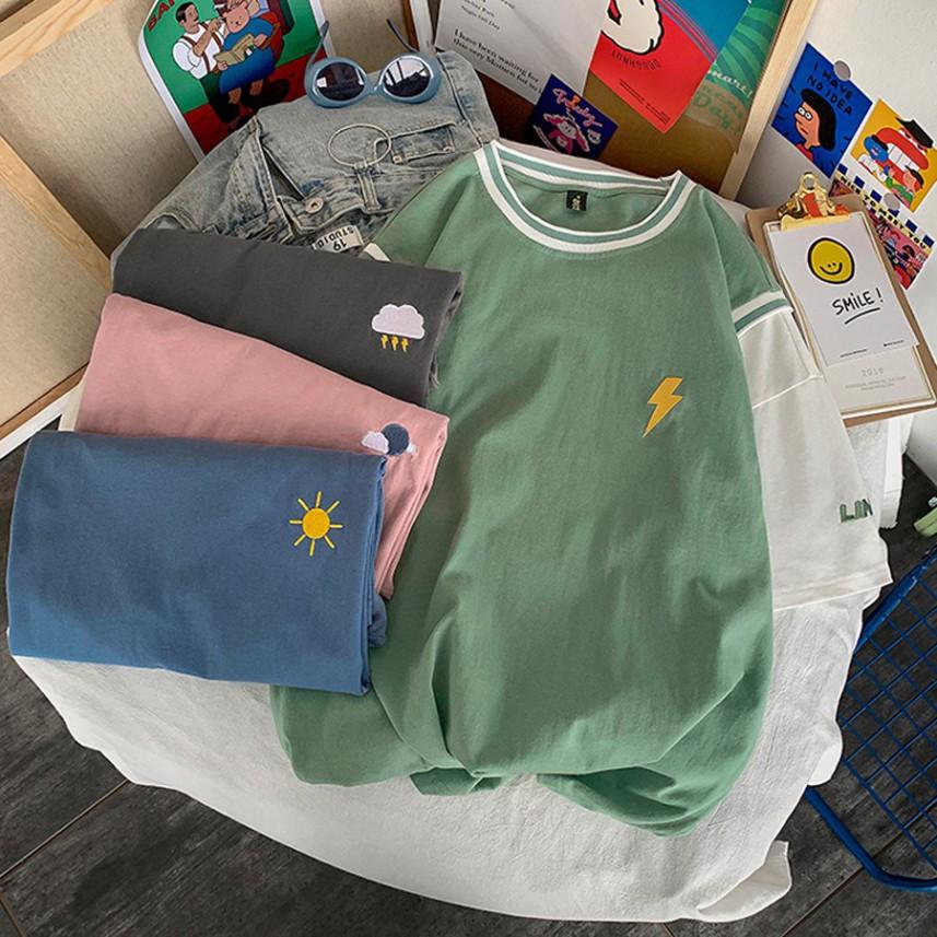 Á   Áo thun unisex tay lỡ form rộng Áo phông mặc lớp, nhóm, cặp thêu hình thời tiết