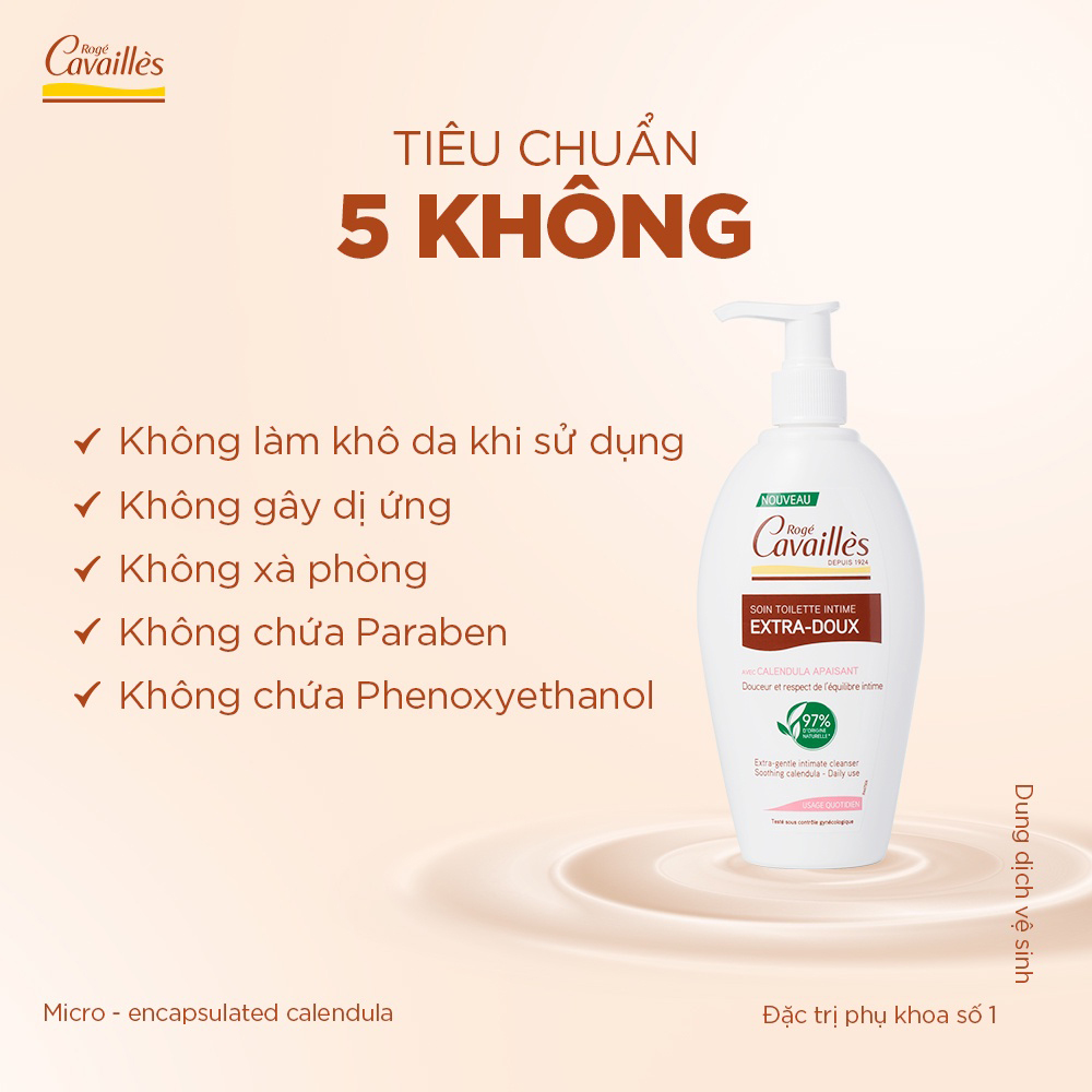 Dung dịch vệ sinh phụ nữ Roge Cavailles - Dưỡng Mềm Mại, Sạch Dịu Êm - Số 1 tại Pháp - 250ml