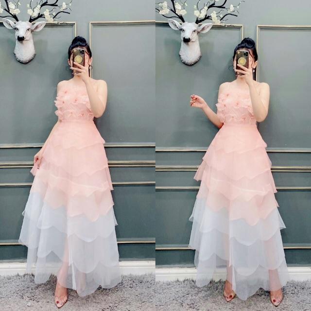 ĐẦM MAXI XẾP TẦNG 2 DÂY KẾT HOA NỔI - SIZE M/L ĐẾN 57kgMM MM