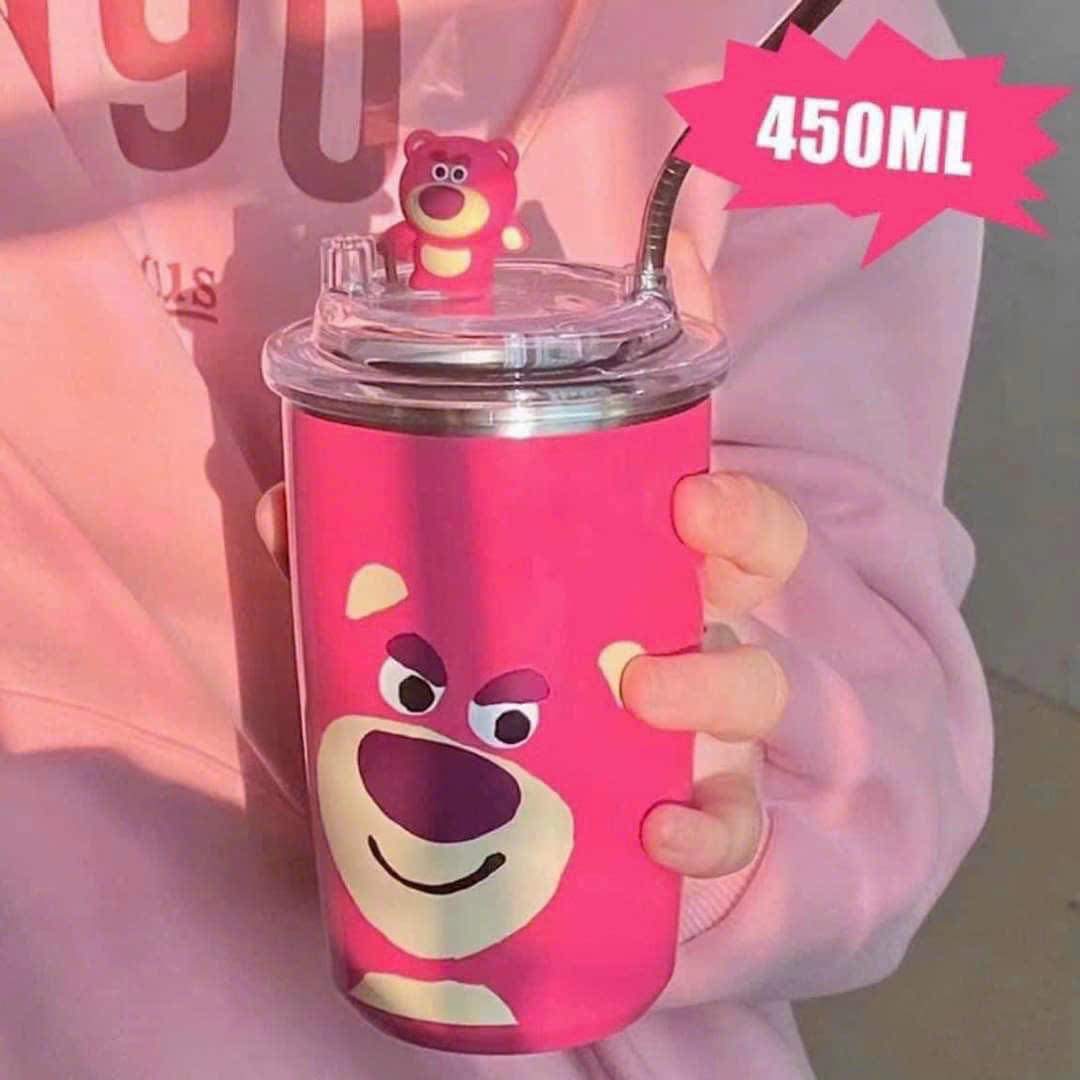 Cốc Giữ Nhiệt Ly Giữ Nhiệt Gấu Dâu Lotso Inox 304 Có Ống Hút 450ml