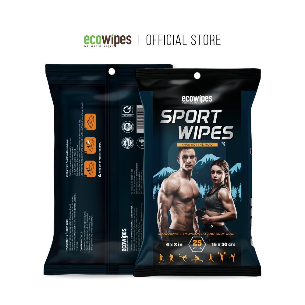 Khăn giấy ướt thể thao cao cấp EcoWipes gói 25 tờ lau mồ hôi làm mát cơ thể khử mùi nhanh chóng cho vận động viên