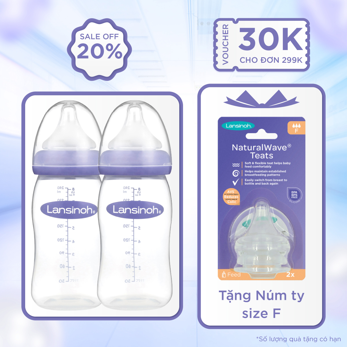 2 Bình Sữa Cổ Rộng Lansinoh 240ml TẶNG 1 Núm Vú Cổ Rộng Lansinoh Size F