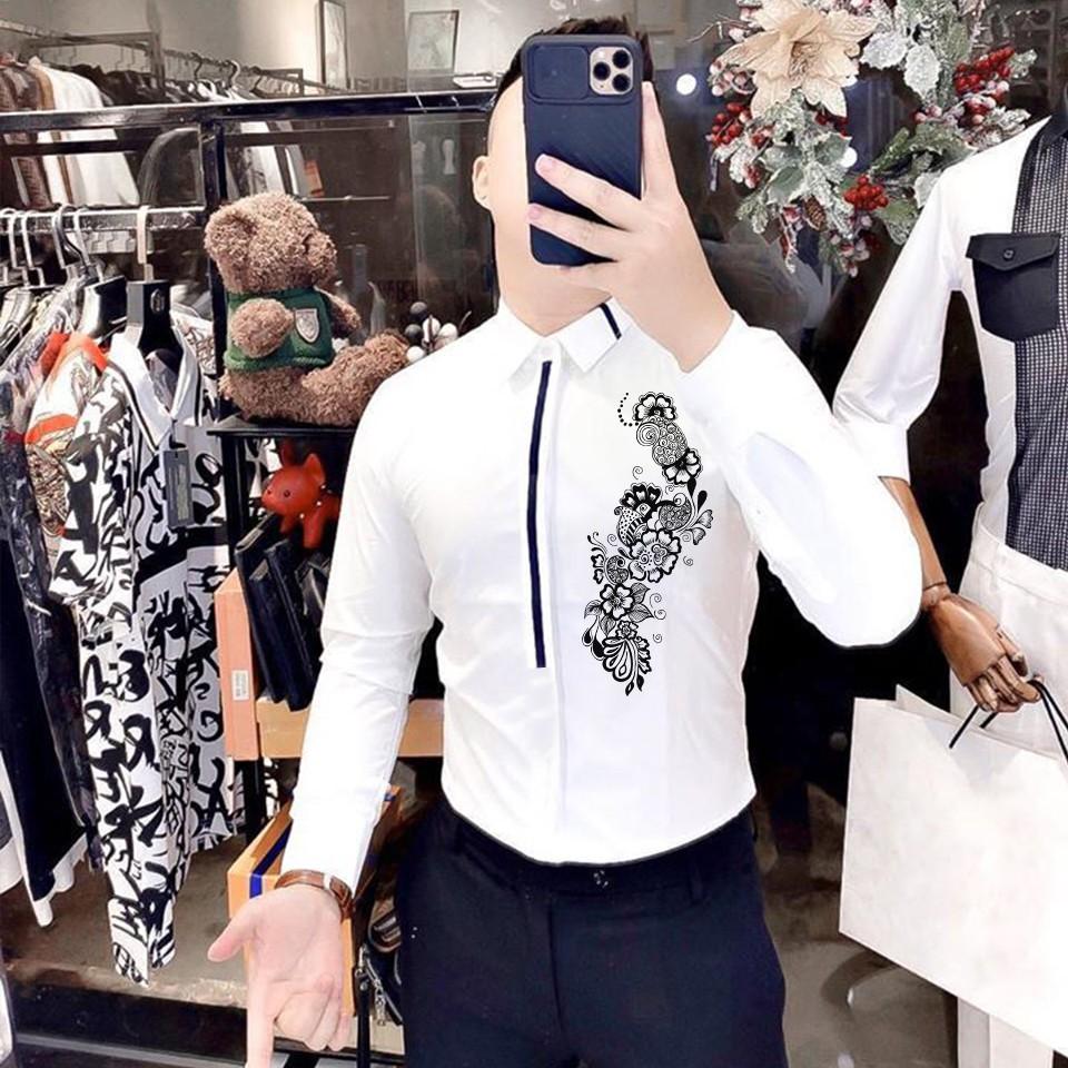 Áo Sơ Mi Nam Trắng Tay Dài HQ Họa Tiết Hoa