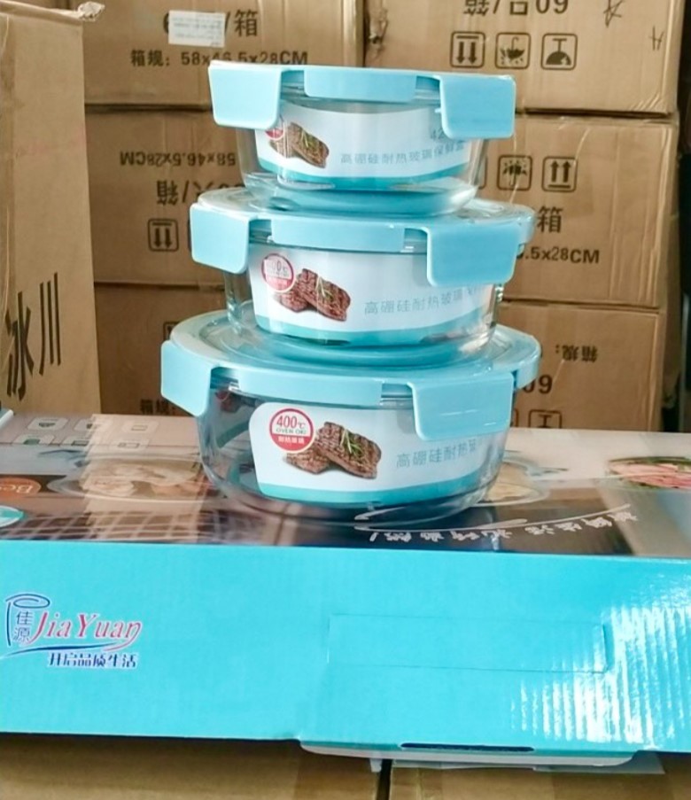 Set 3 hộp đựng thực phẩm thuỷ tinh hình tròn bảo quản đồ ăn tiện lợi - giao màu ngẫu nhiên