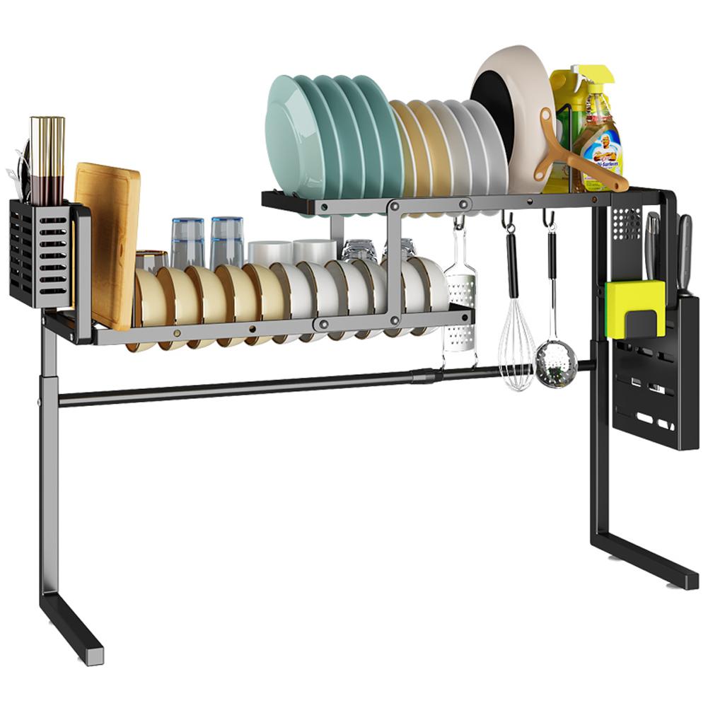 Stagger Over the Sink Dish Drying Rack Length Height Adjustable for Bowl Sink Thickened Carbon Steel Dish Drainer