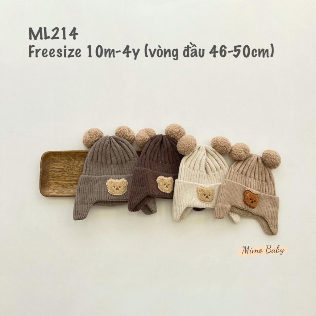 Mũ nón len bịt tai mùa đông cho bé đính hình gấu tai bông dễ thương ML214 Mimo Baby