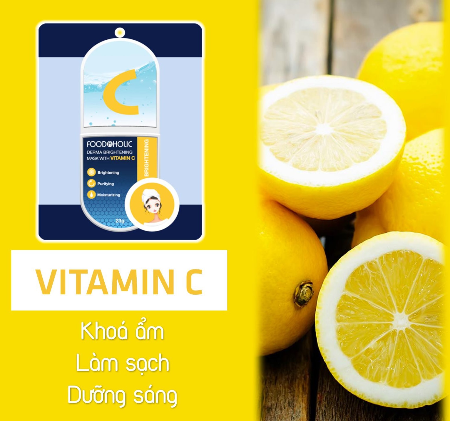 Hộp 10 Mặt Nạ Dưỡng Ẩm, Sáng Da Chiết Xuất Vitamin C Foodaholic Derma Brightening Mask 23g x 10