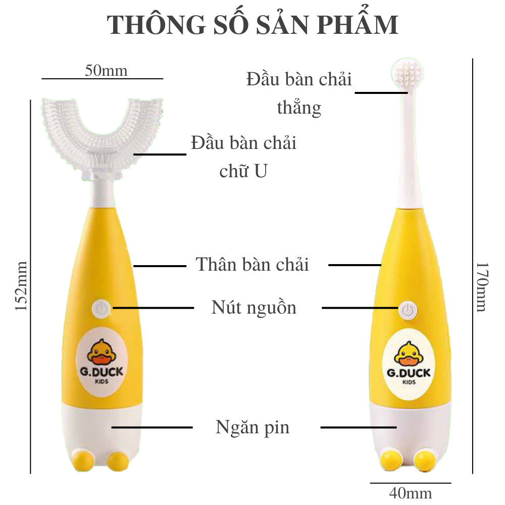 Bàn chải đánh răng điện trẻ em từ 2-12 tuổi họa tiết vịt vàng tạo hứng thú và thói quen đánh răng cho bé, Tặng kèm kem đánh răng + 2 đầu bàn chải đứng chất liệu silicon an toàn, chống nước, chống rơi vỡ