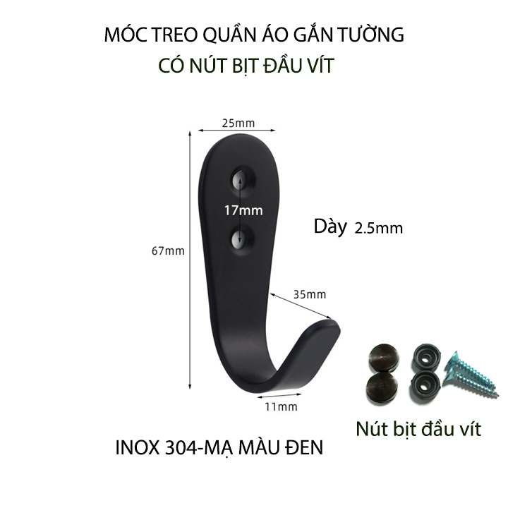 Móc treo quần áo inox 304 dày 2.5mm mạ màu đen, có nút bịt đầu vít, móc đơn