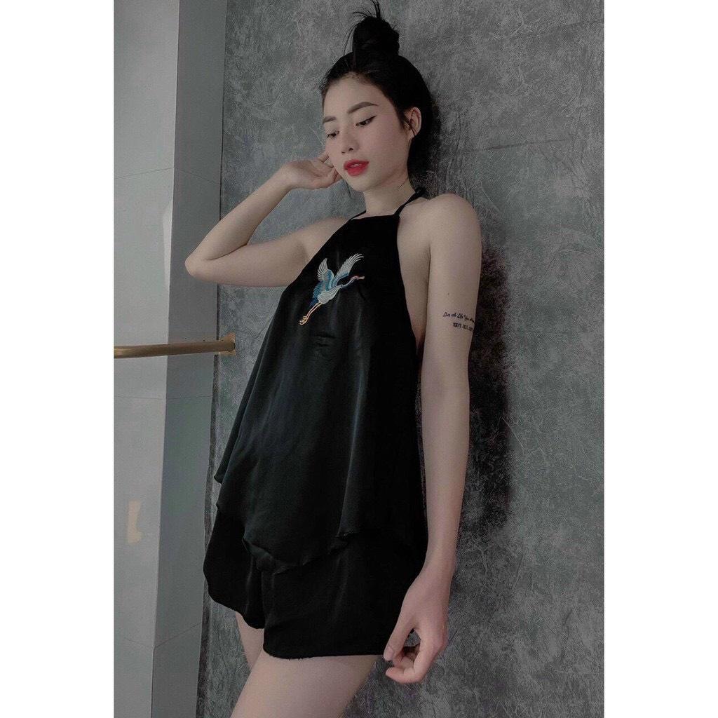 Đồ Bộ Ngủ Nữ lụa 2 Dây Thêu Hạc Sexy Quyến Rũ Vải Satin Cao Cấp Thoáng Mát, Sét Áo Kèm Quần Mặc Nhà Cổ Yếm G5