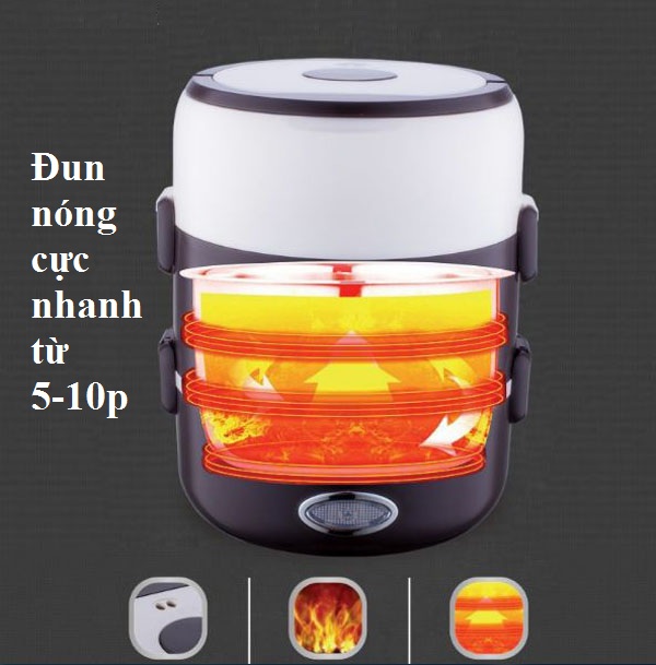 Hộp cơm cắm điện 3 tầng giúp hâm nóng thức ăn siêu tốc ruột inox, quai xách chắc chắn - giao màu ngẫu nhiên