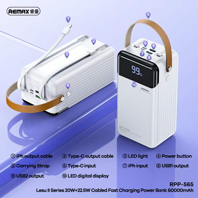 Pin dự phòng siêu khủng Remax RPP-566 80000mAh QC 22.5W và PD 20W, kèm sẵn 2 cáp sạc, có đèn pin - Hàng Chính Hãng