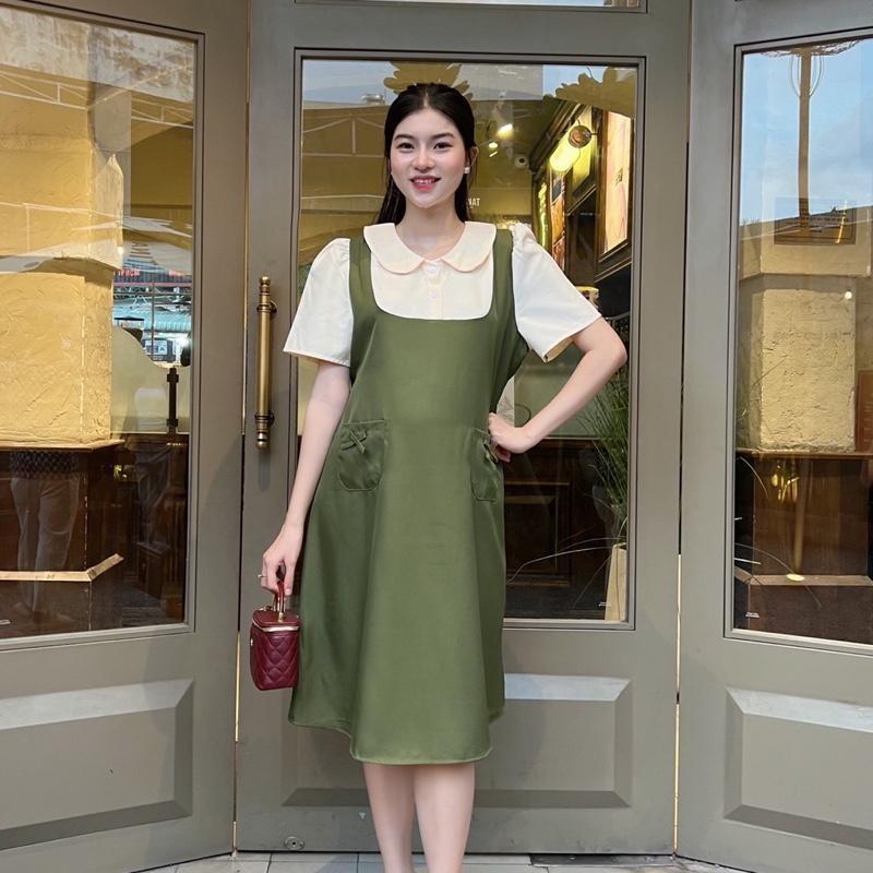 Đầm bầu yếm liền cổ sen phối túi đính nơ form suông thanh lịch chất cotton lạnh Váy Bầu Xinh - Nâu