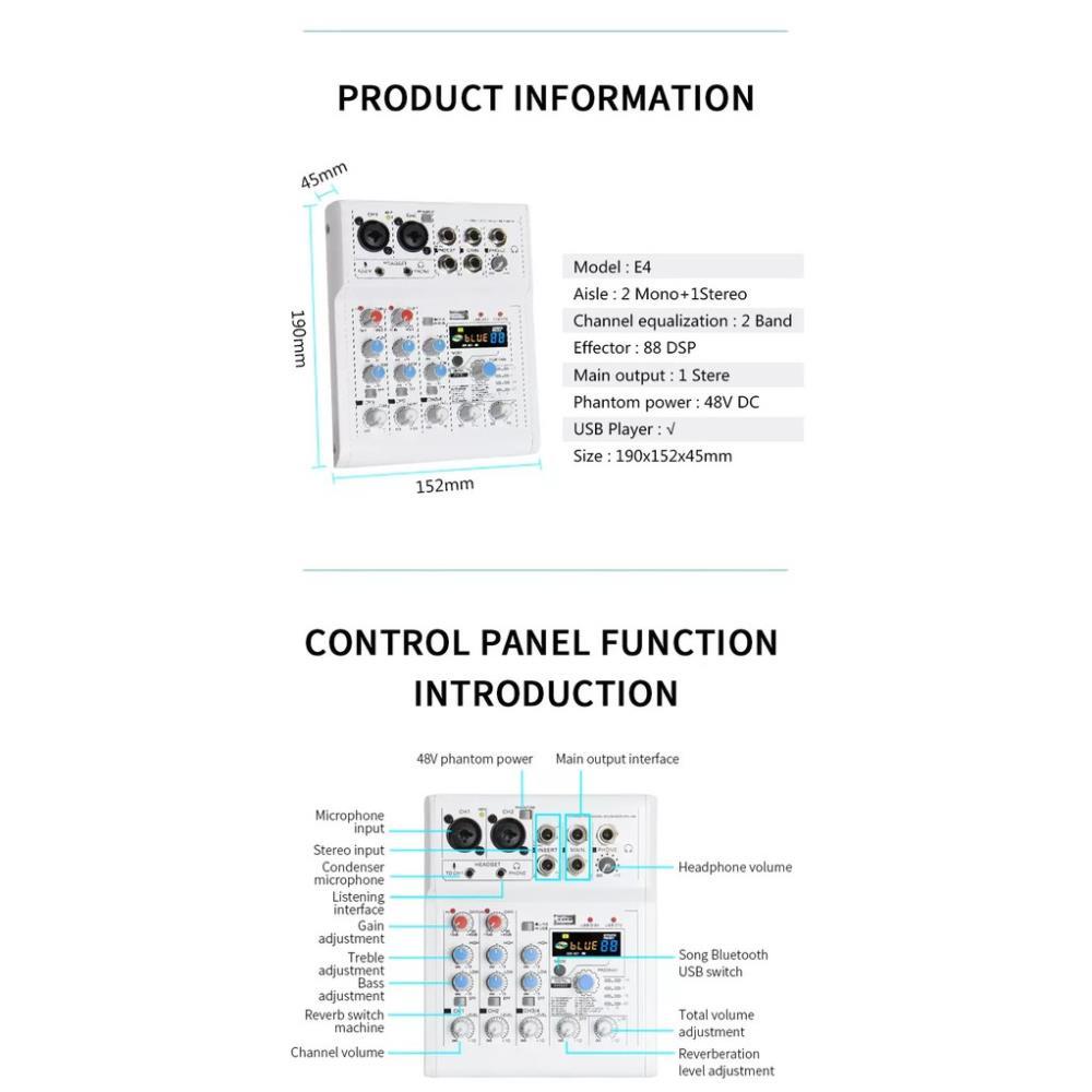 Mixer thu âm livestream karaoke E4 2 cổng micro XLR, 2 cổng phantom 48V, 1 cổng 3.5 cho micro 5v mode mới nhất 2021