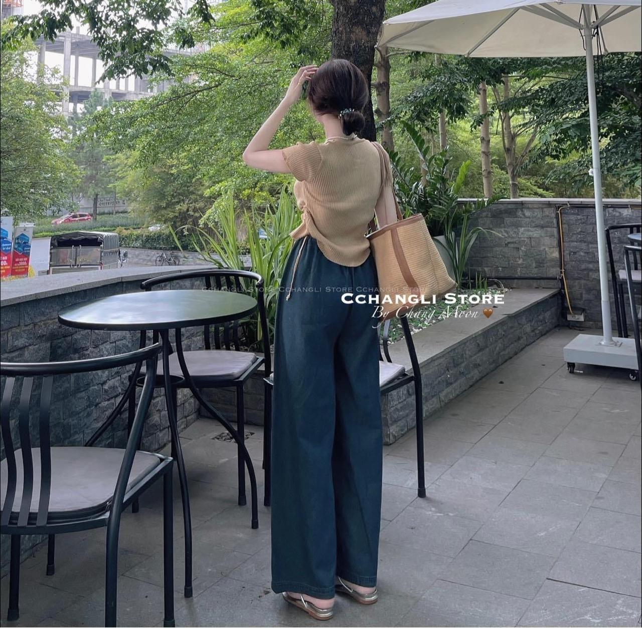 SET ĐI CHƠI, SET 2 MÓN ÁO THUN TAY NGẮN RÚT EO PHỐI QUẦN SUÔNG DÀI ỐNG RỘNG CỰC IU