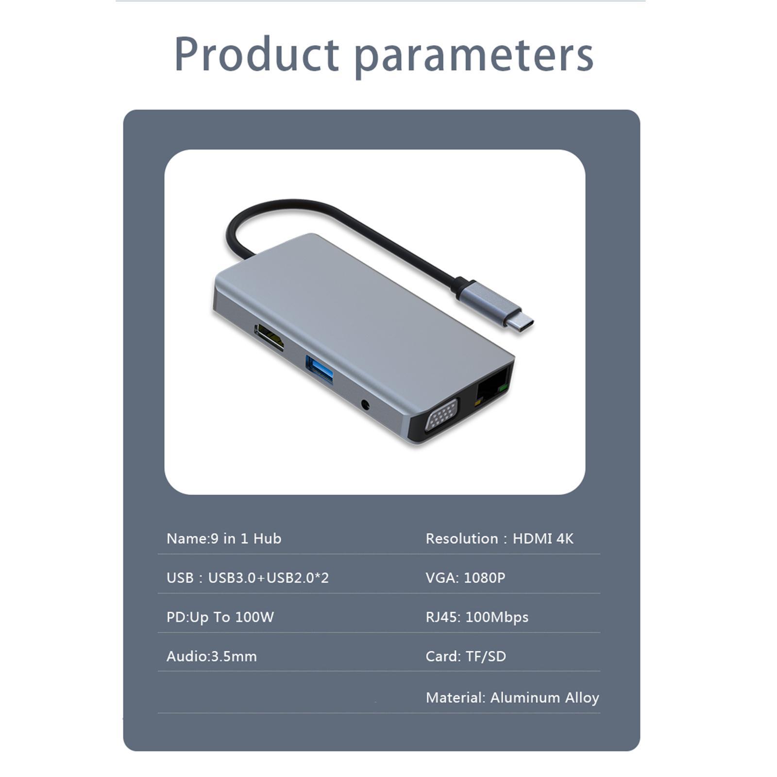 Portable USB C Hub Multi-Port Type-C To 9 in 1 USB 2.0 for Pro