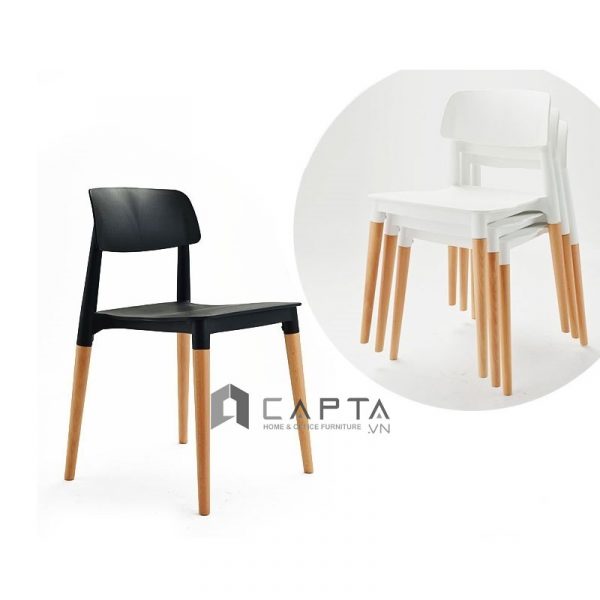 Ghế xếp chồng FILLY-S Nội thất Capta Ghế cafe fashfood thân nhựa màu đen chân gỗ sồi nhỏ gọn