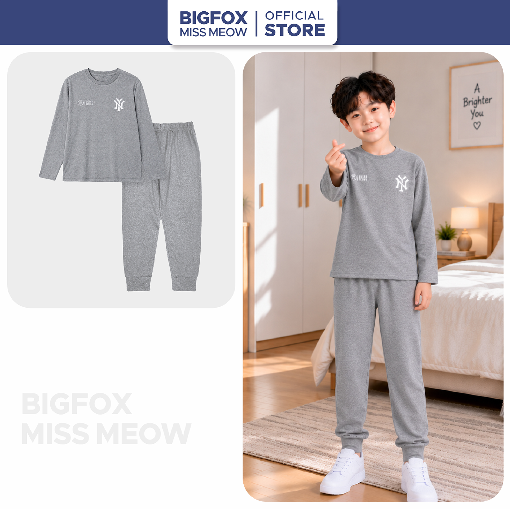 Bộ thu đông bé trai Bigfox 3-11 tuổi N26 Bộ dài tay thu đông giữ nhiệt cho bé size đại 9-30kg