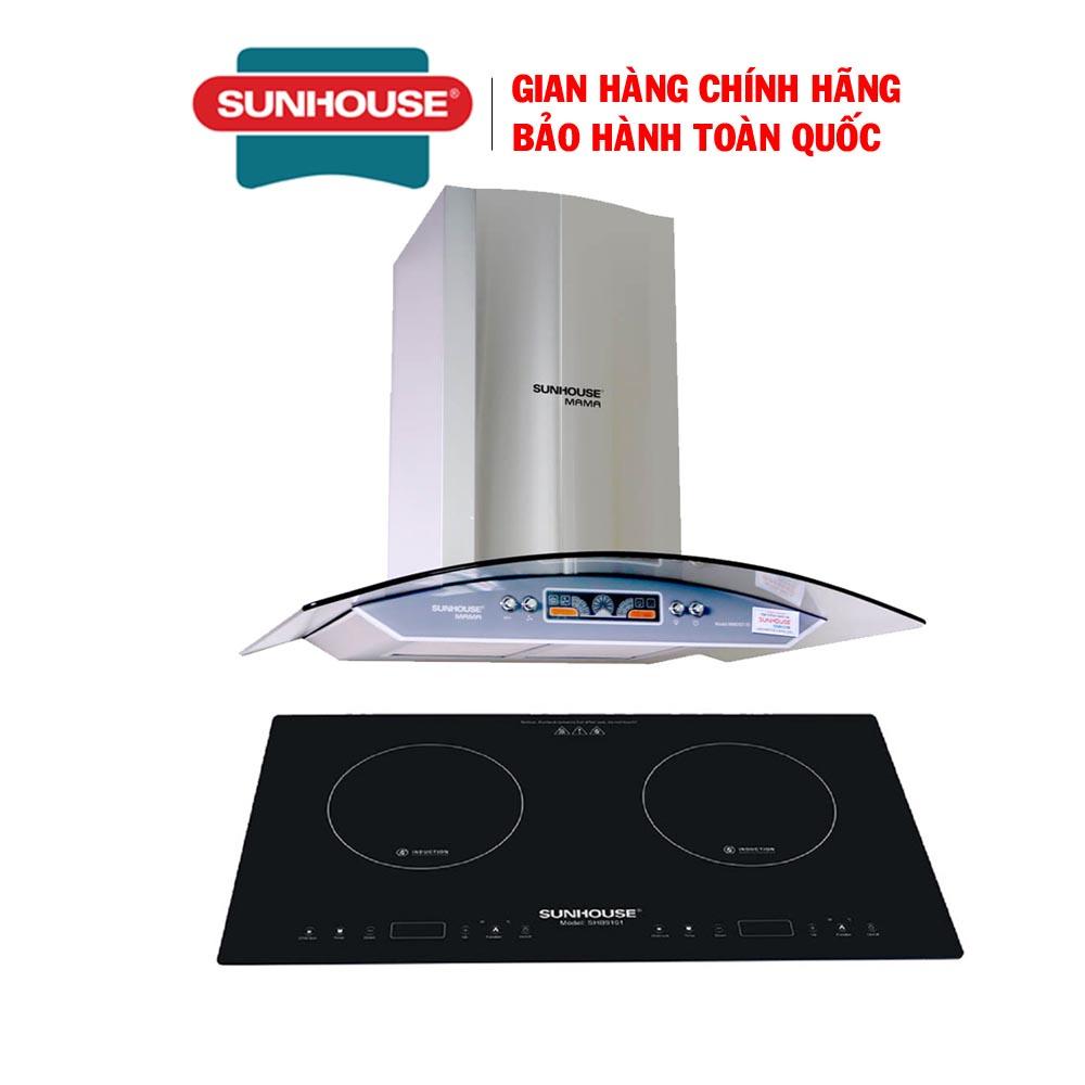 Combo Bếp từ đôi Sunhouse SHB9101 + Máy hút mùi kính cong Sunhouse MAMA MM6707-70, Hàng chính hãng - Bảo hành tại nhà