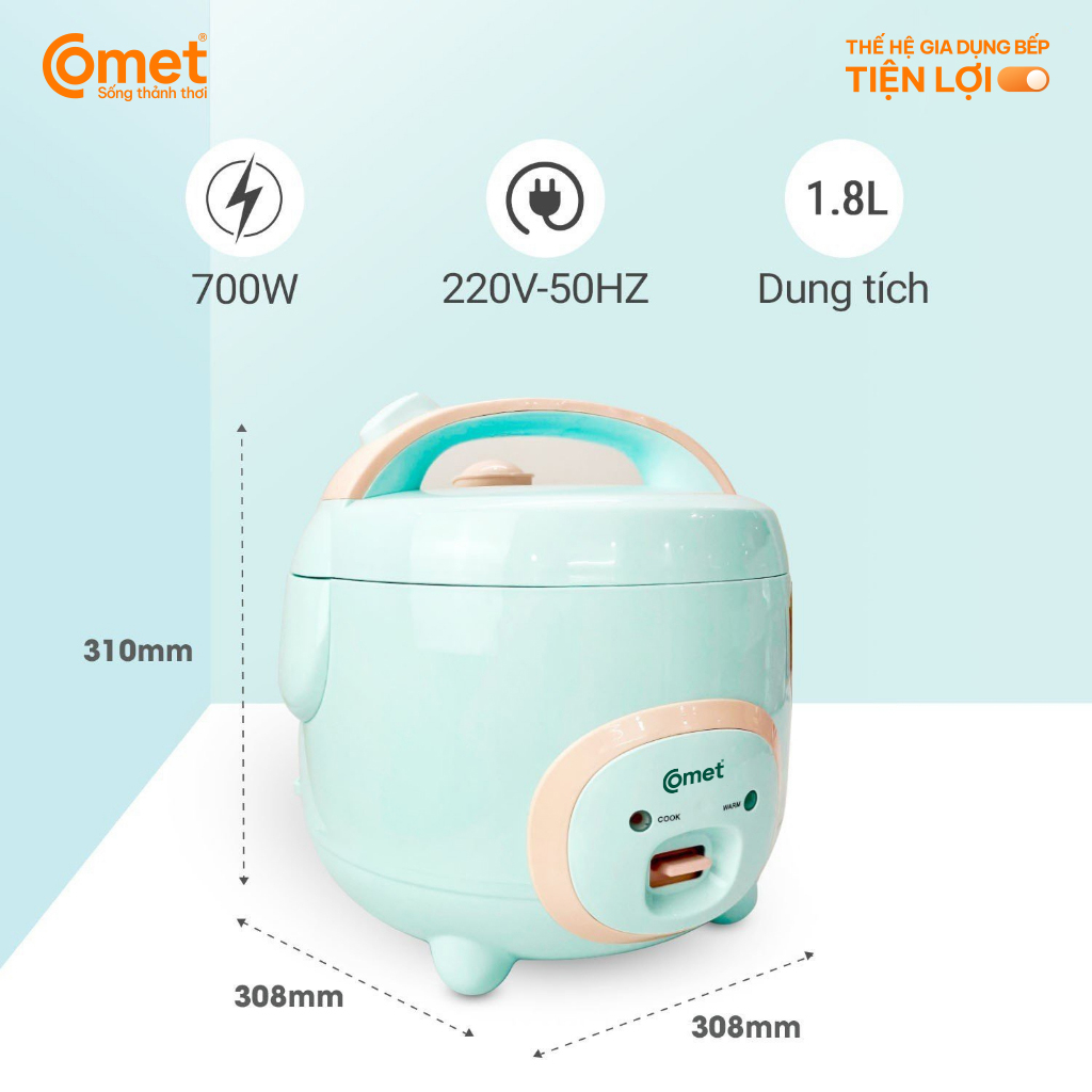 Nồi cơm điện nắp gài Comet CM8007 dung tích 1.8L – Công suất 700W, lòng nồi chống dính, dễ vệ sinh - Hàng chính hãng
