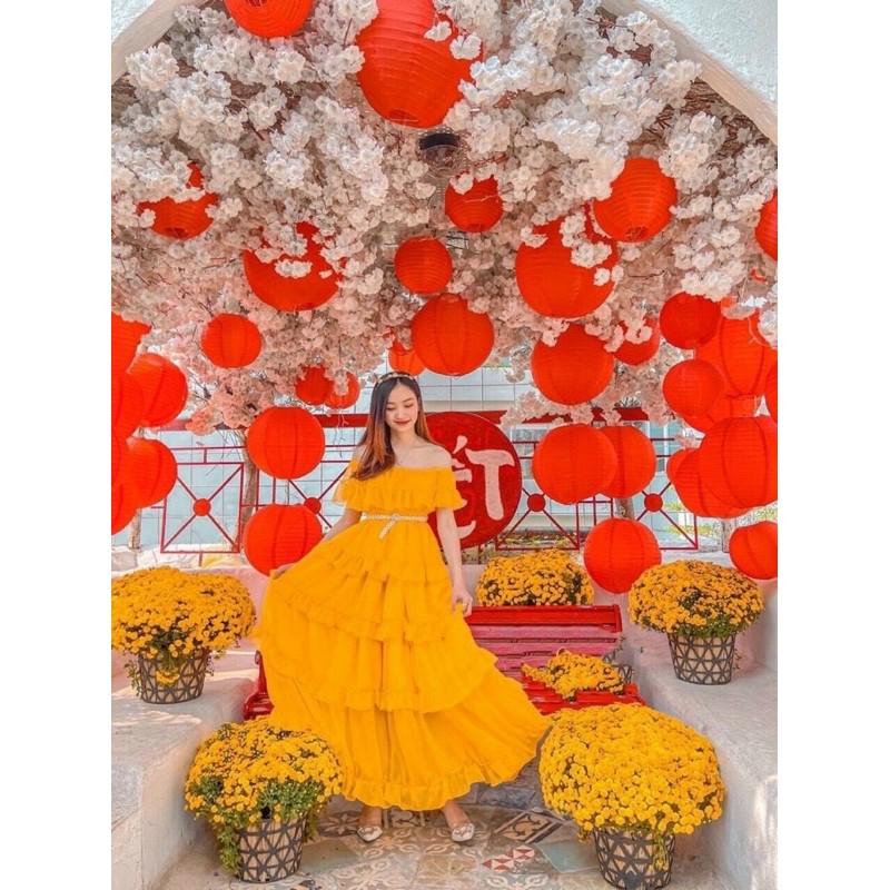 Đầm Maxi tầng vàng bẹt vai