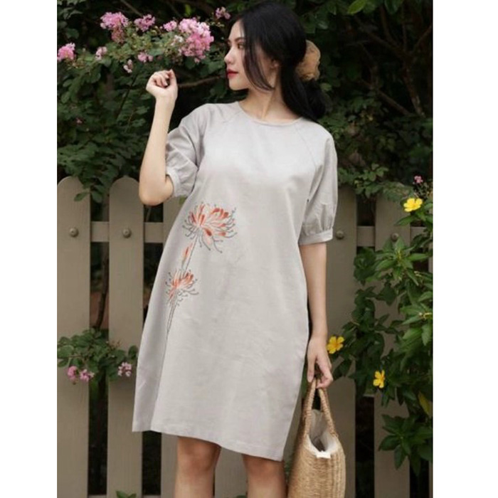 Đầm suông Linen bột Premium form rộng tay bom thêu hoa trẻ trung ArcticHunter