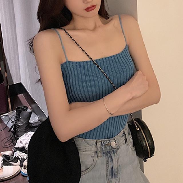 Áo 2 dây bún len sọc croptop