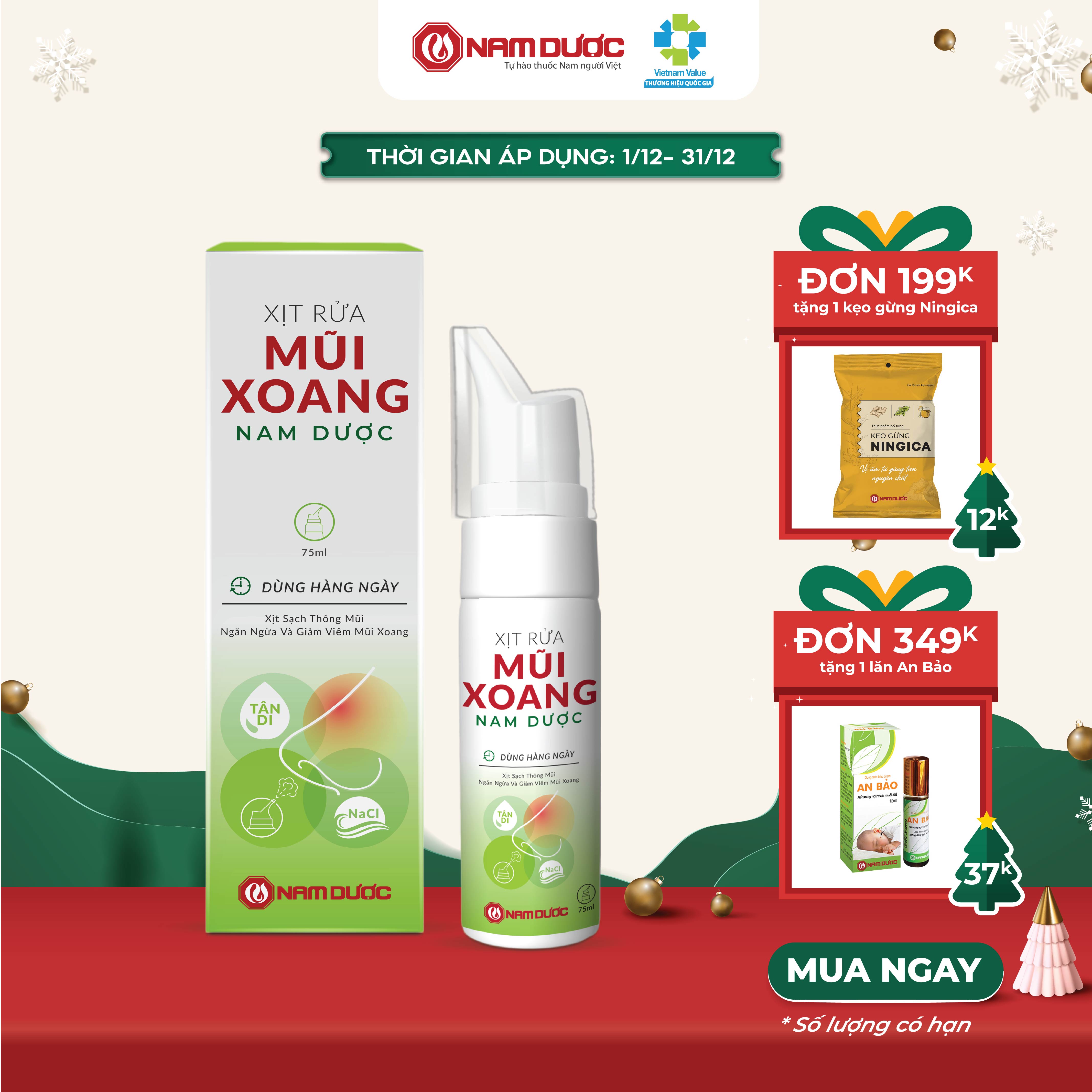 Xịt rửa mũi xoang Nam Dược chai 75ml muối biển và thảo dược giúp xịt sạch, thông mũi, ngăn ngừa và giảm viêm mũi xoang