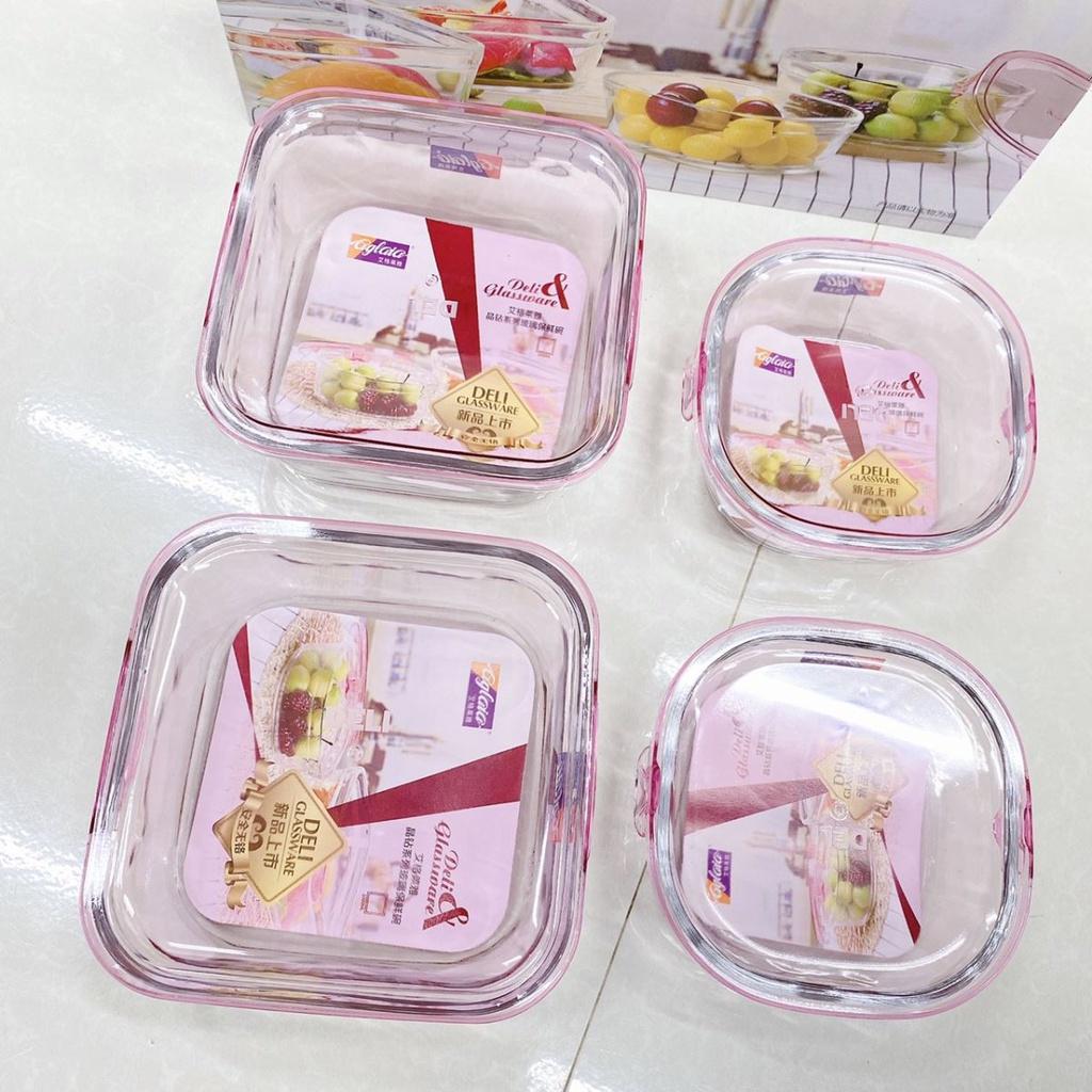 Bộ 4 thố thủy tinh, hộp thủy tinh, bát thủy tinh cao cấp Deli có nắp tím hồng dùng được lò vi sóng, tủ lạnh