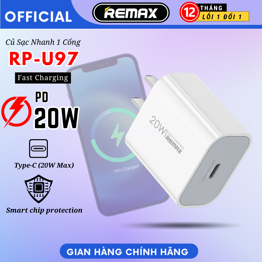 Củ sạc nhanh 1 cổng Remax RP-U97 sạc nhanh 20w cho 13 pro max trở xuống Bảo hành 12 tháng 1 đổi 1 - Hàng Chính Hãng