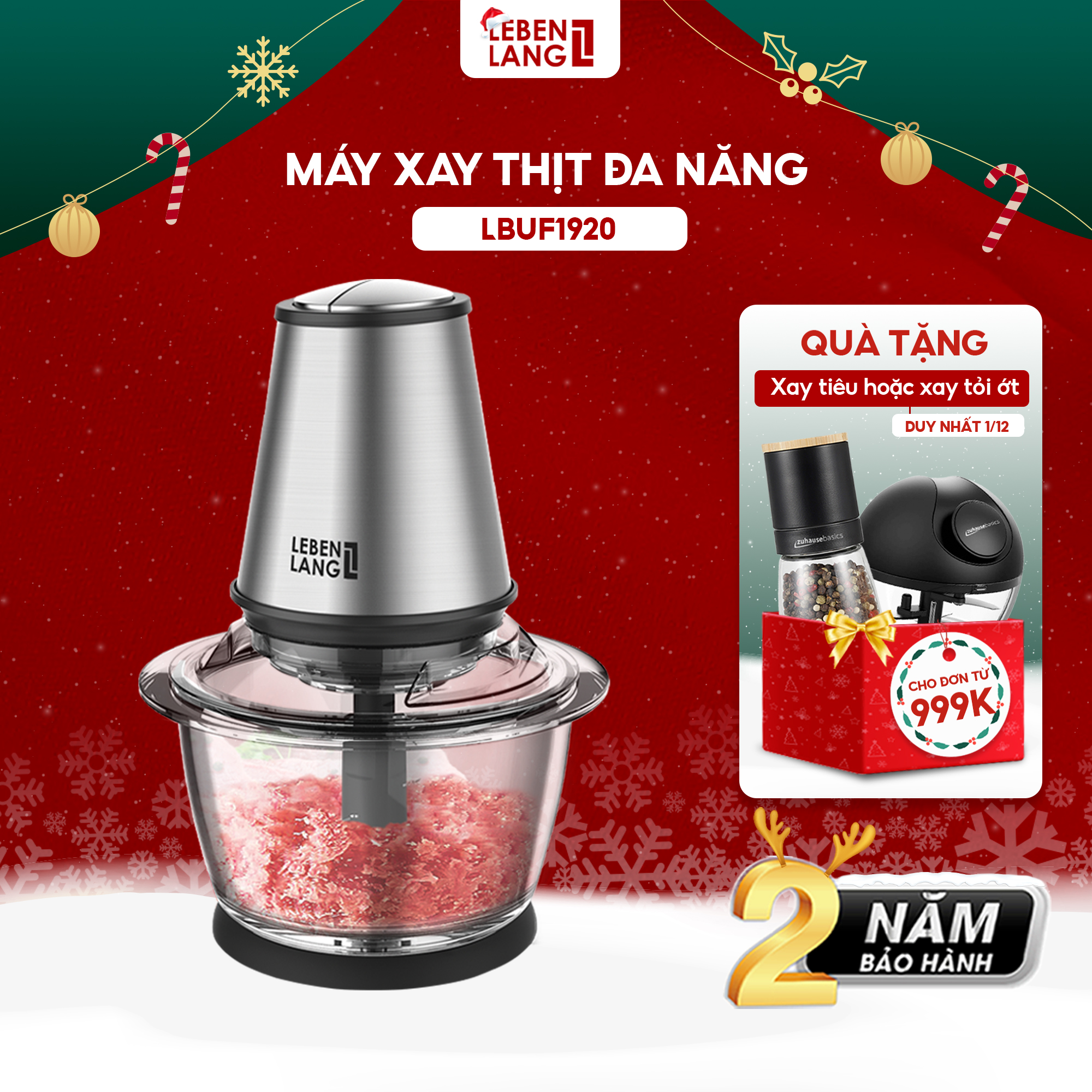 Máy xay thịt đa năng LEBENLANG cối thủy tinh, công suất 400W, dung tích 1200ml, model LBUF1920 - hàng chính hãng