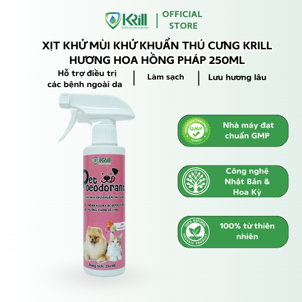 Xịt khử mùi khử khuẩn thú cưng KRILL hương Hoa Hồng Pháp 250ml hỗ trợ điều trị các bệnh ngoài da, làm sạch, lưu hương lâu