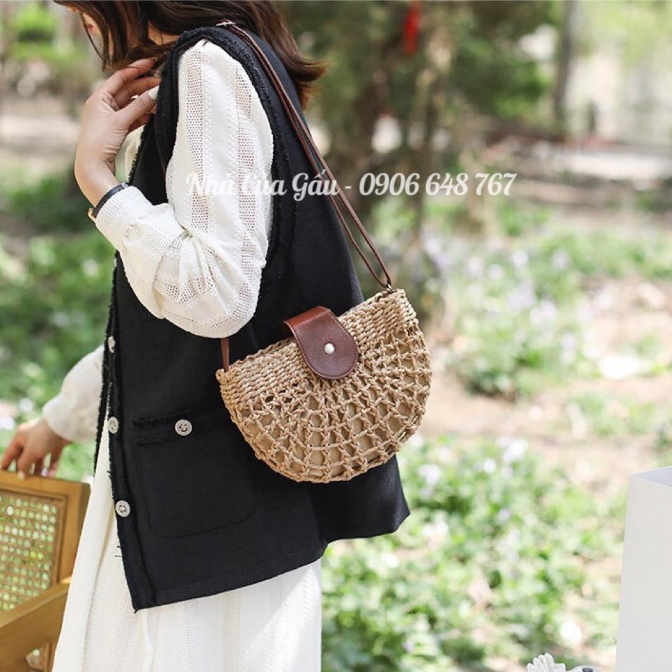 Túi cói khóa da vintage đi chơi, đi biển cực xinh