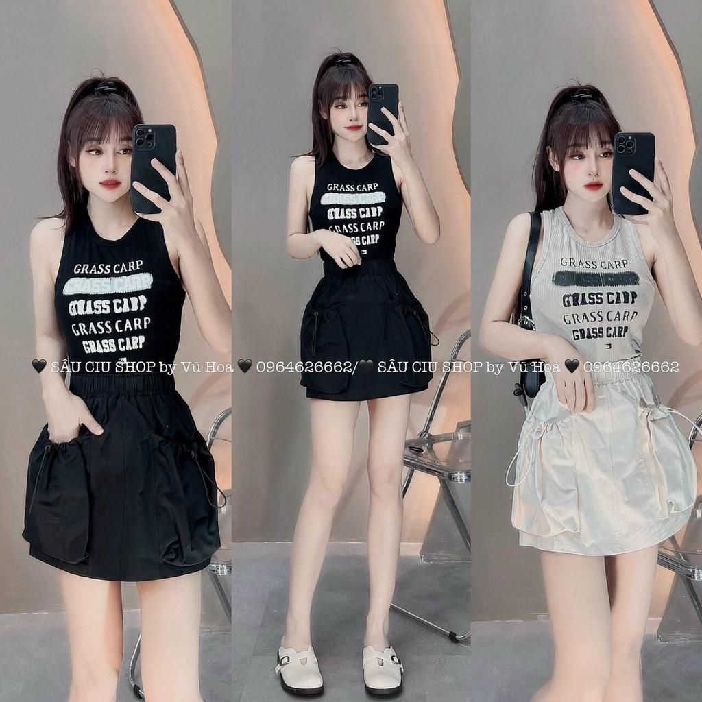 SET ĐI CHƠI, SET 2 MÓN ÁO THUN BA LỖ PHỐI CHÂN VÁY TÚI RÚT CỰC TRẺ TRUNG