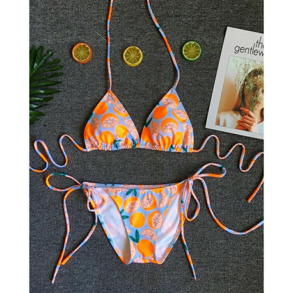 freeship Bikini đồ bơi hai mảnh cạp thấp sexy họa tiết quả cam nổi bật đi biển đi bơi