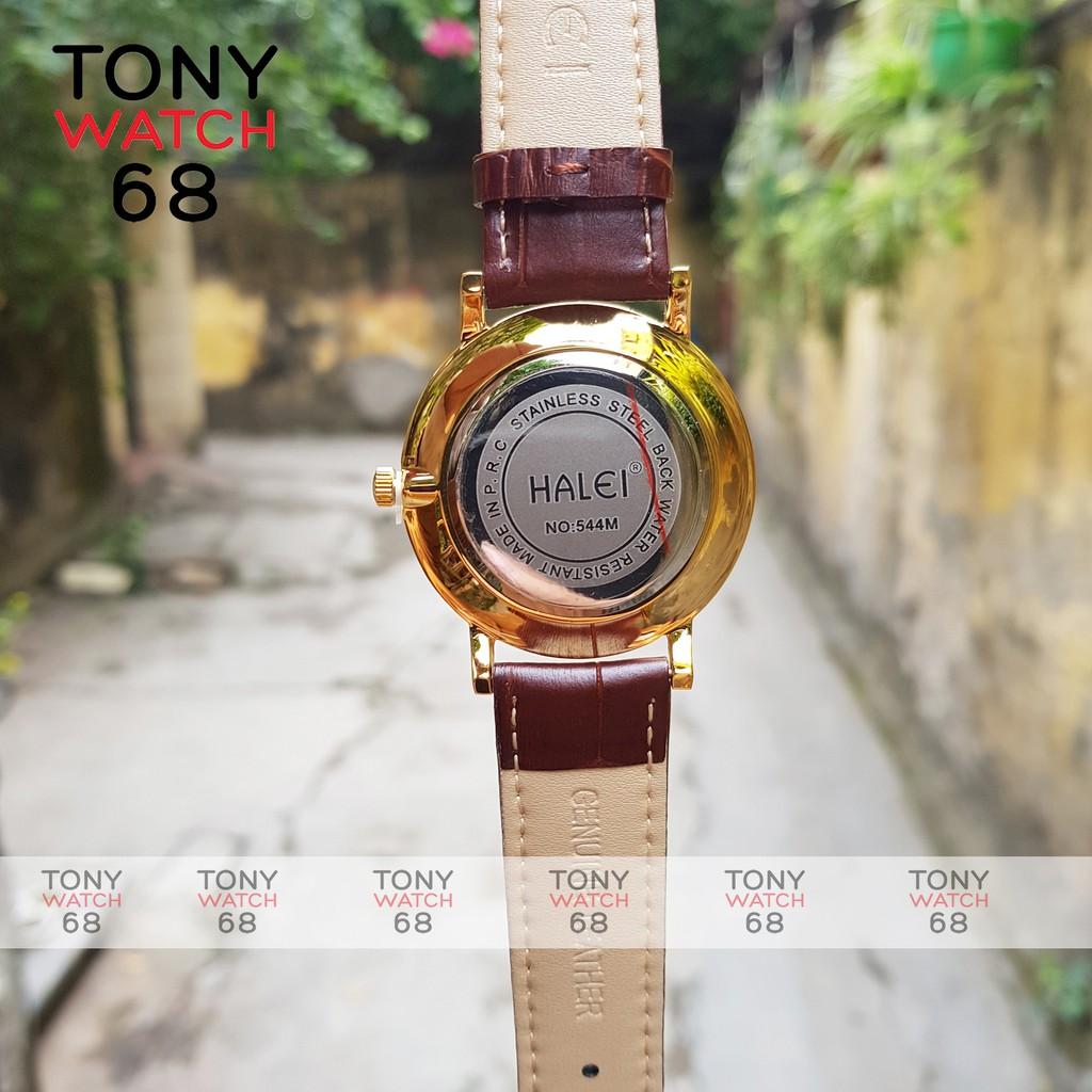 Đồng Hồ Nam Dây Da Nâu Mặt Trắng Viền Vàng Halei Chính Hãng Tony Watch 68