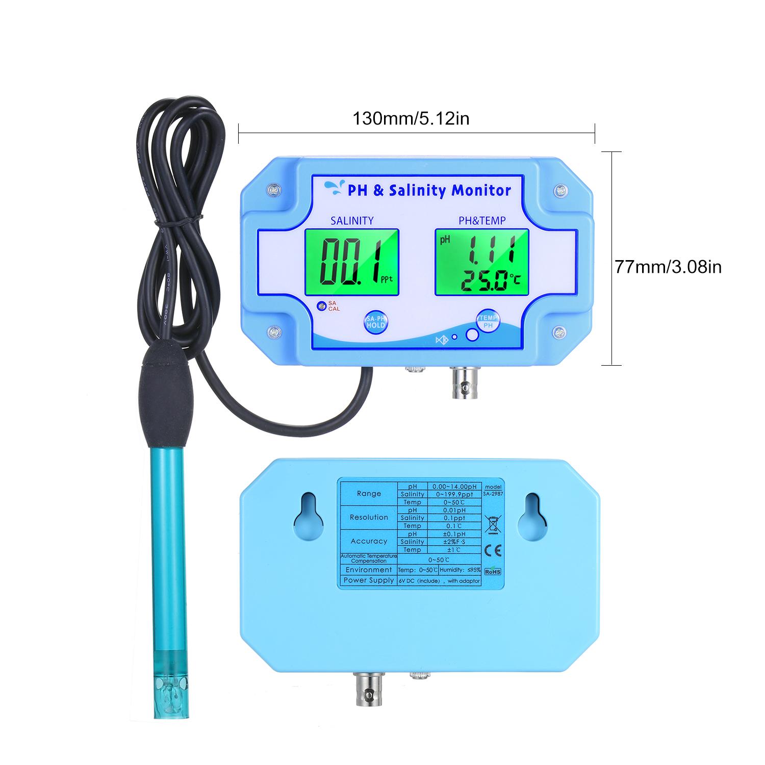 3-in-1 PH/Salinity/TEMP Water Quality Monitor Multi-functional pH & Salinity Monitor Temperature Meter Dual LCD Display